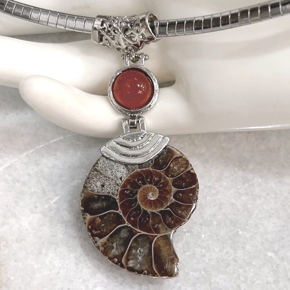 Ammonite Red Agate Pendant Necklace - Picture 1 of 13
